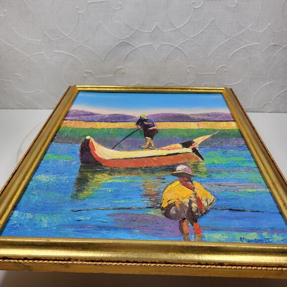 Vintage Boat Fisherman Oil Painting Canvas Framed Art Hanging Decor Signed - Picture 9 of 16